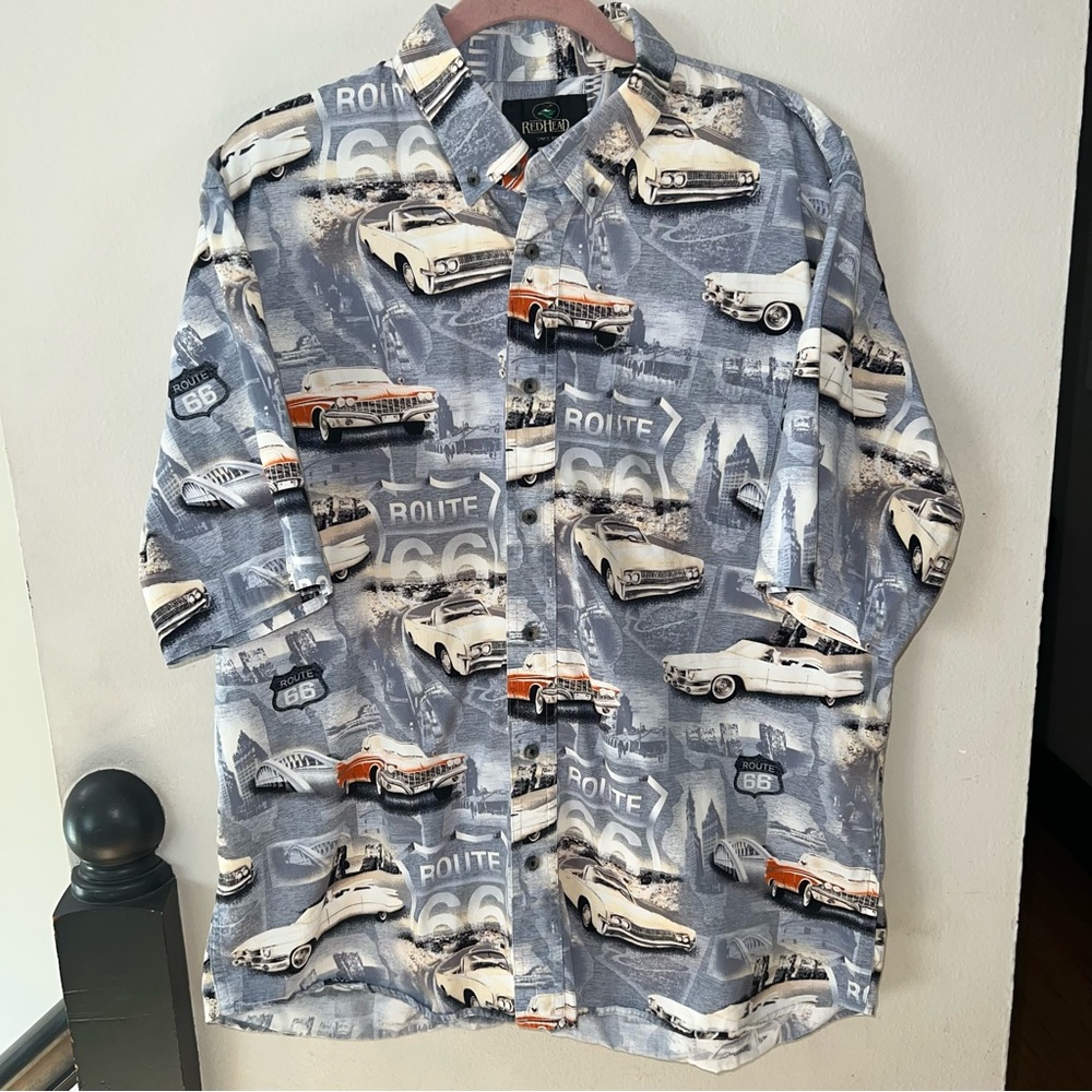 RedHead Men’s Route 66 Classic Car Cotton Hawaiian Shirt Size XL